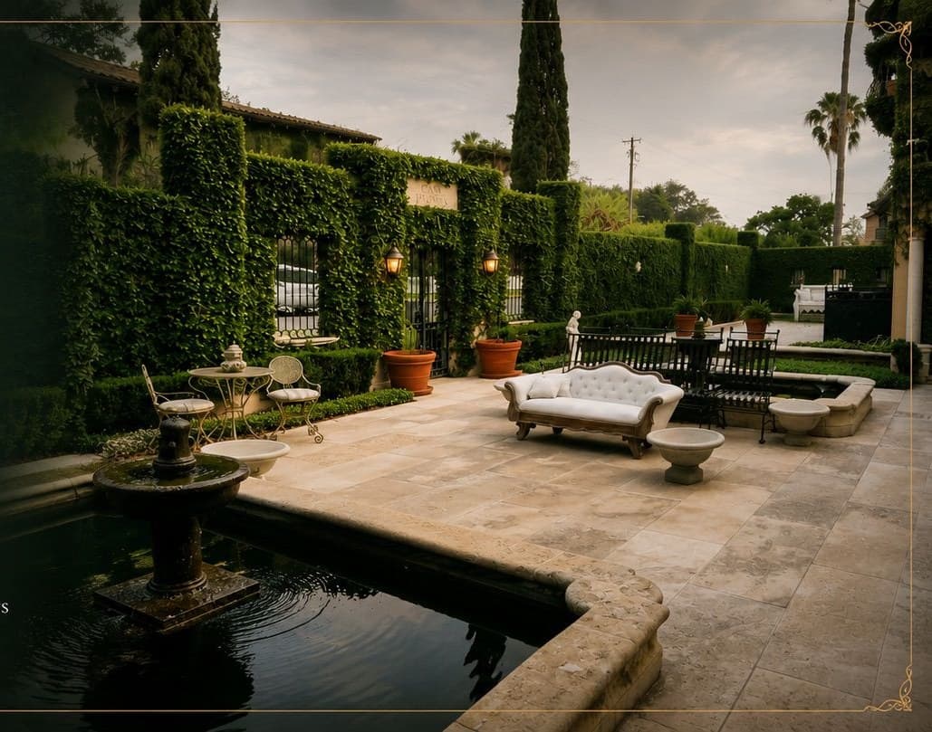 Bellavista — ivy-walled European garden courtyard with a reflecting pool and fountain
